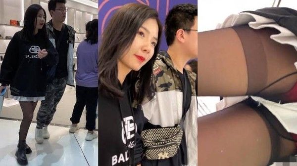黑丝袜短裙小姐姐裙底偷窥，红骚内衬挡不住