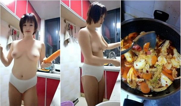 氣質短發可愛萌妹,父母不在家,壹個人玩耍,穿條內褲下廚做飯